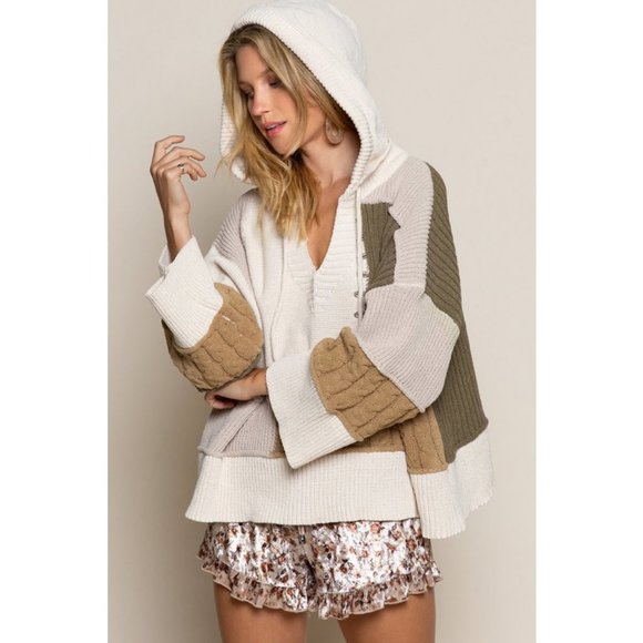 NEW POL Mixed Knit Patch Hoodie Oversized Cozy Soft Color Block Sweater Olive - Picture 6 of 9